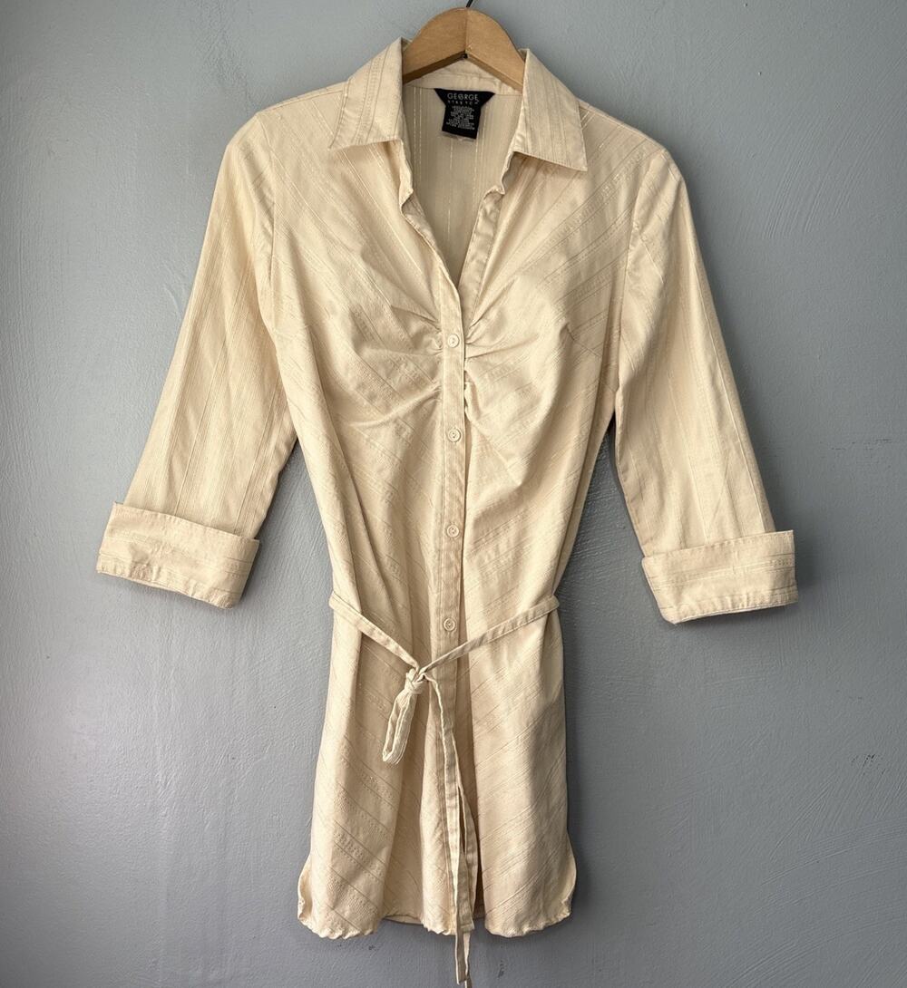 Career 90s Y2K 2000 Shirt Size Small Beige Gold Pinstripe Belt Button Up Office